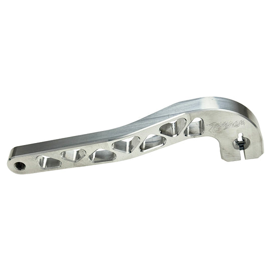 Two billet aluminum TC Bros. Pro Series Truss Shift Levers for 1991-2017 Harley-Davidson Dyna, one black and one silver, with cutout geometric patterns, are displayed on a white background—perfect for your next CNC machined upgrade.