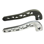 Two billet aluminum TC Bros. Pro Series Truss Shift Levers for 1991-2017 Harley-Davidson Dyna, one black and one silver, with cutout geometric patterns, are displayed on a white background—perfect for your next CNC machined upgrade.