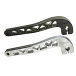 Two billet aluminum TC Bros. Pro Series Truss Shift Levers for 1991-2017 Harley-Davidson Dyna, one black and one silver, with cutout geometric patterns, are displayed on a white background—perfect for your next CNC machined upgrade.