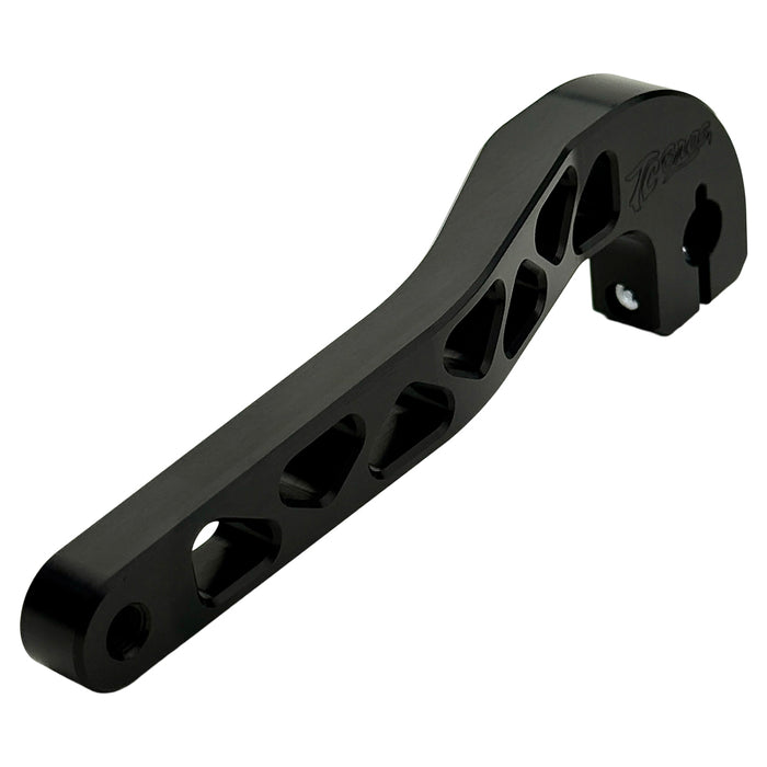 Two billet aluminum TC Bros. Pro Series Truss Shift Levers for 1991-2017 Harley-Davidson Dyna, one black and one silver, with cutout geometric patterns, are displayed on a white background—perfect for your next CNC machined upgrade.