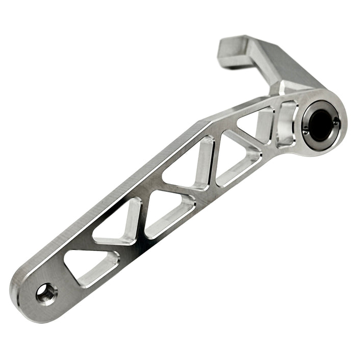 The TC Bros. Pro Series Truss Brake Arm is a 6061-T6 aluminum upgrade for 2018-up Harley-Davidson Softail brake pedals, featuring triangular cutouts and a circular mounting hole—available in silver or black.