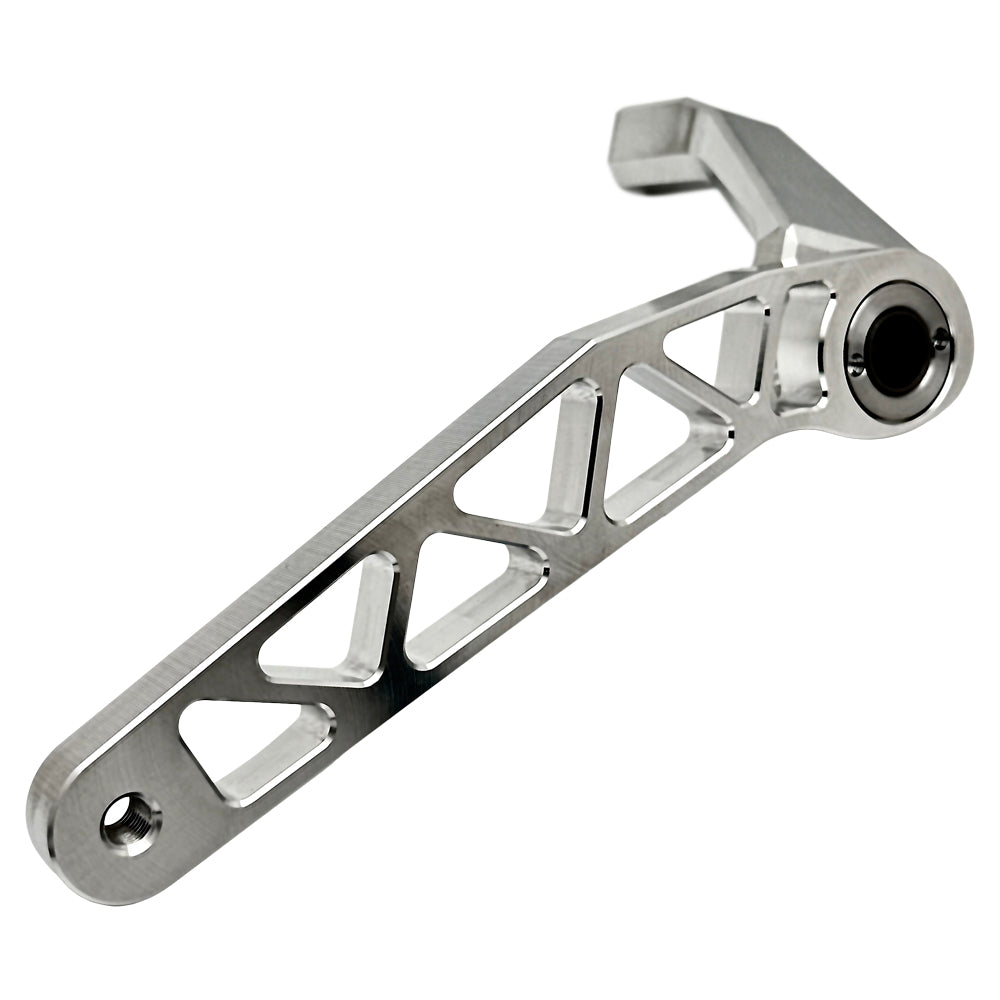 The TC Bros. Pro Series Truss Brake Arm is a 6061-T6 aluminum upgrade for 2018-up Harley-Davidson Softail brake pedals, featuring triangular cutouts and a circular mounting hole—available in silver or black.