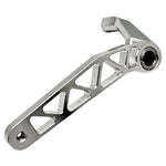 The TC Bros. Pro Series Truss Brake Arm is a 6061-T6 aluminum upgrade for 2018-up Harley-Davidson Softail brake pedals, featuring triangular cutouts and a circular mounting hole—available in silver or black.