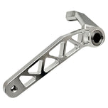 The TC Bros. Pro Series Truss Brake Arm is a 6061-T6 aluminum upgrade for 2018-up Harley-Davidson Softail brake pedals, featuring triangular cutouts and a circular mounting hole—available in silver or black.