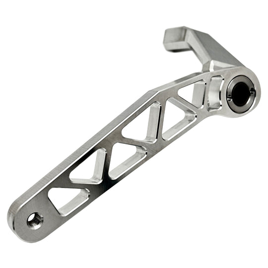 The TC Bros. Pro Series Truss Brake Arm is a 6061-T6 aluminum upgrade for 2018-up Harley-Davidson Softail brake pedals, featuring triangular cutouts and a circular mounting hole—available in silver or black.