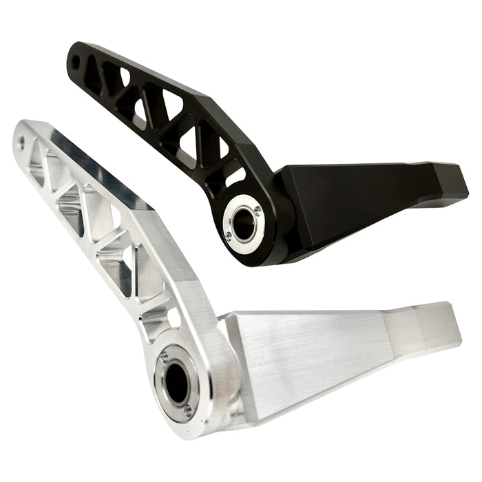 The TC Bros. Pro Series Truss Brake Arm is a 6061-T6 aluminum upgrade for 2018-up Harley-Davidson Softail brake pedals, featuring triangular cutouts and a circular mounting hole—available in silver or black.