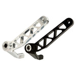 The TC Bros. Pro Series Truss Brake Arm is a 6061-T6 aluminum upgrade for 2018-up Harley-Davidson Softail brake pedals, featuring triangular cutouts and a circular mounting hole—available in silver or black.