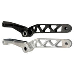 The TC Bros. Pro Series Truss Brake Arm is a 6061-T6 aluminum upgrade for 2018-up Harley-Davidson Softail brake pedals, featuring triangular cutouts and a circular mounting hole—available in silver or black.
