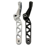 The TC Bros. Pro Series Truss Brake Arm is a 6061-T6 aluminum upgrade for 2018-up Harley-Davidson Softail brake pedals, featuring triangular cutouts and a circular mounting hole—available in silver or black.