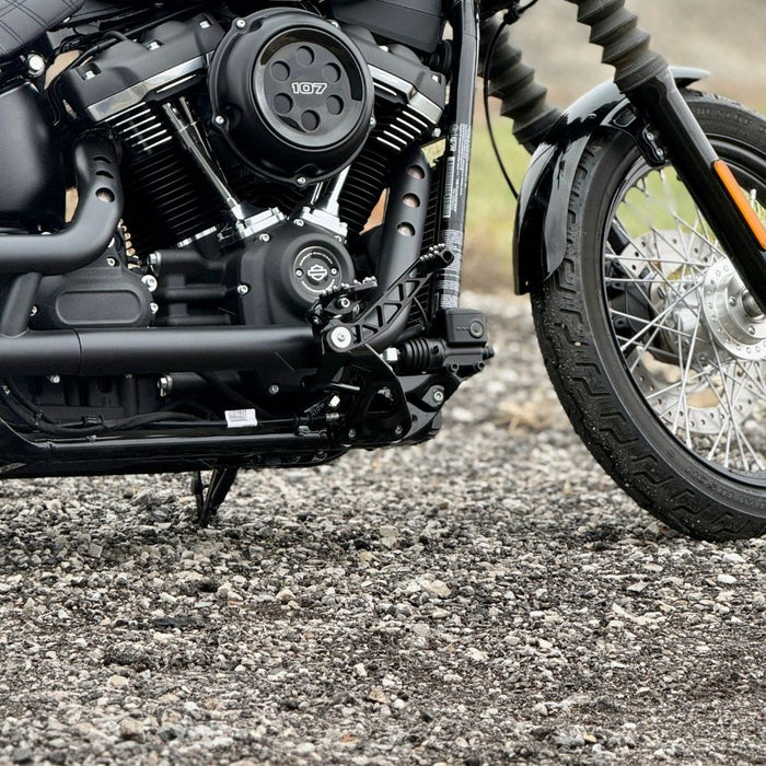 The TC Bros. Pro Series Truss Brake Arm is a 6061-T6 aluminum upgrade for 2018-up Harley-Davidson Softail brake pedals, featuring triangular cutouts and a circular mounting hole—available in silver or black.