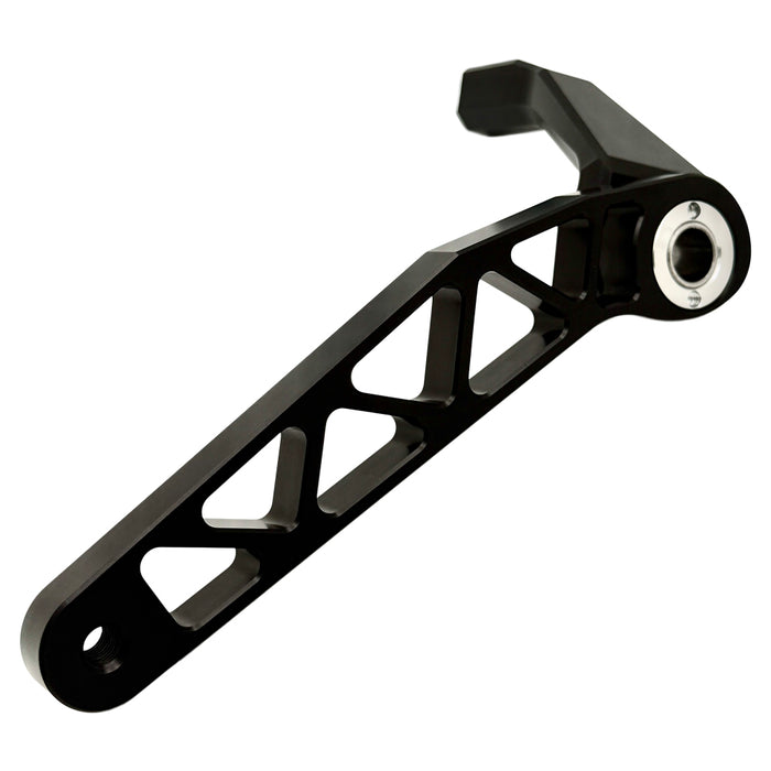 The TC Bros. Pro Series Truss Brake Arm is a 6061-T6 aluminum upgrade for 2018-up Harley-Davidson Softail brake pedals, featuring triangular cutouts and a circular mounting hole—available in silver or black.