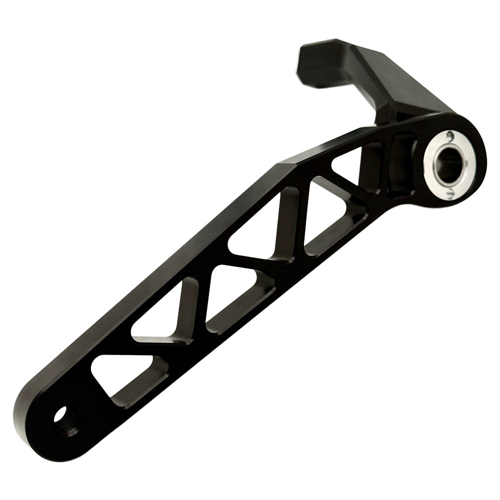 The TC Bros. Pro Series Truss Brake Arm is a 6061-T6 aluminum upgrade for 2018-up Harley-Davidson Softail brake pedals, featuring triangular cutouts and a circular mounting hole—available in silver or black.