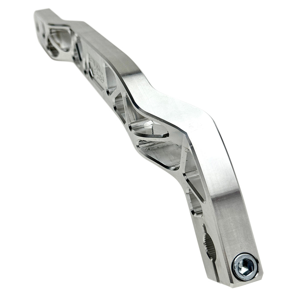 The TC Bros. Pro Series Truss Shift Lever for 2018-Up Harley-Davidson M8 Softail features silver and black metal lever arms with geometric cut-outs and "TC Bros." engraving—ideal for your Softail upgrade.