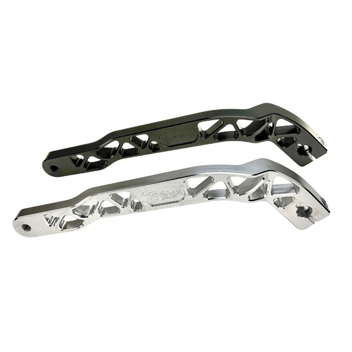 The TC Bros. Pro Series Truss Shift Lever for 2018-Up Harley-Davidson M8 Softail features silver and black metal lever arms with geometric cut-outs and "TC Bros." engraving—ideal for your Softail upgrade.