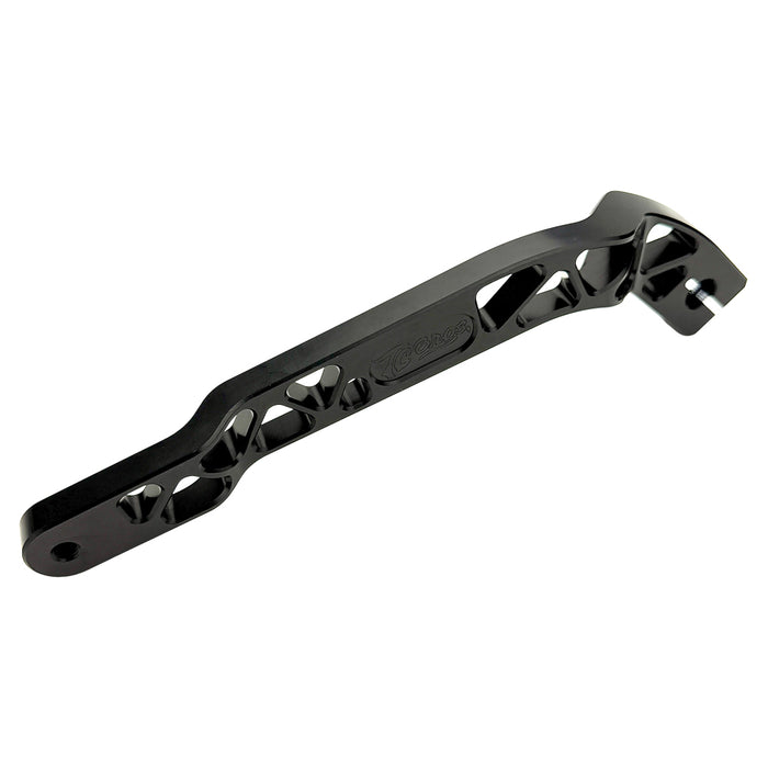 The TC Bros. Pro Series Truss Shift Lever for 2018-Up Harley-Davidson M8 Softail features silver and black metal lever arms with geometric cut-outs and "TC Bros." engraving—ideal for your Softail upgrade.