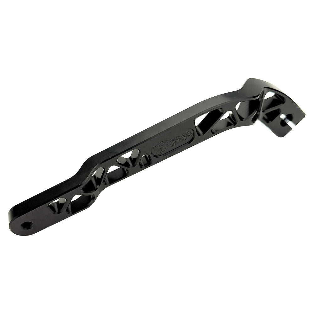 The TC Bros. Pro Series Truss Shift Lever for 2018-Up Harley-Davidson M8 Softail features silver and black metal lever arms with geometric cut-outs and "TC Bros." engraving—ideal for your Softail upgrade.