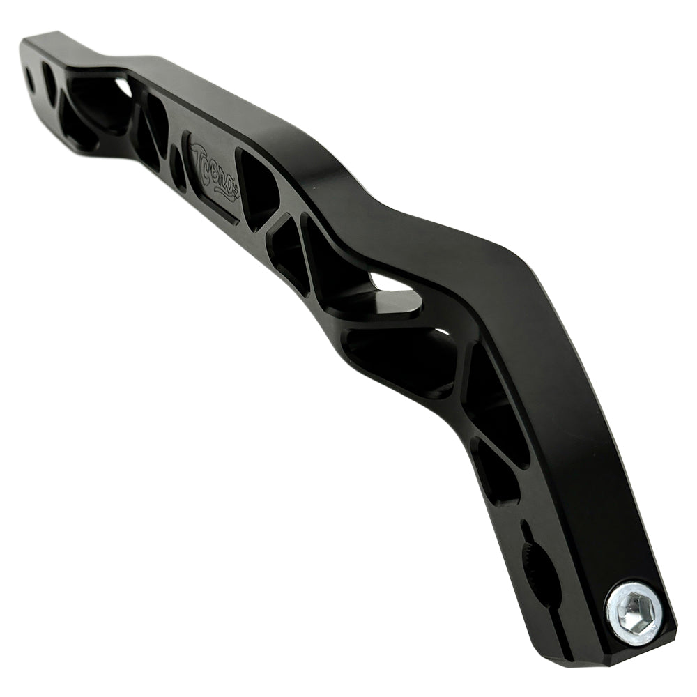 The TC Bros. Pro Series Truss Shift Lever for 2018-Up Harley-Davidson M8 Softail features silver and black metal lever arms with geometric cut-outs and "TC Bros." engraving—ideal for your Softail upgrade.