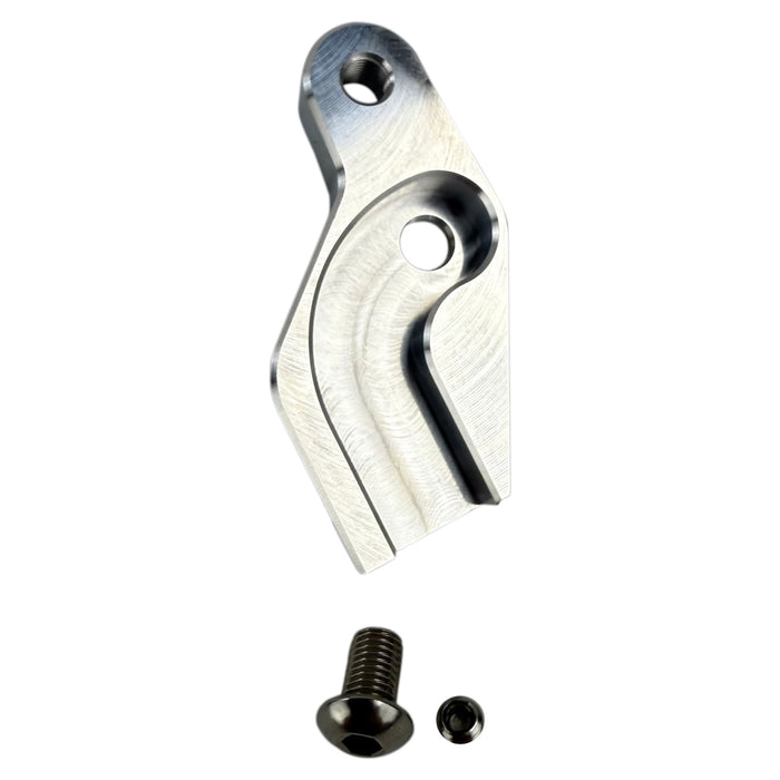 Two metal brackets, one silver and one black, each with a matching screw and bolt, displayed on a white background. Text reads "TC Bros. Pro Series Easy Shift Lever Extension for Harley-Davidson Big Twin—Milwaukee-Eight.