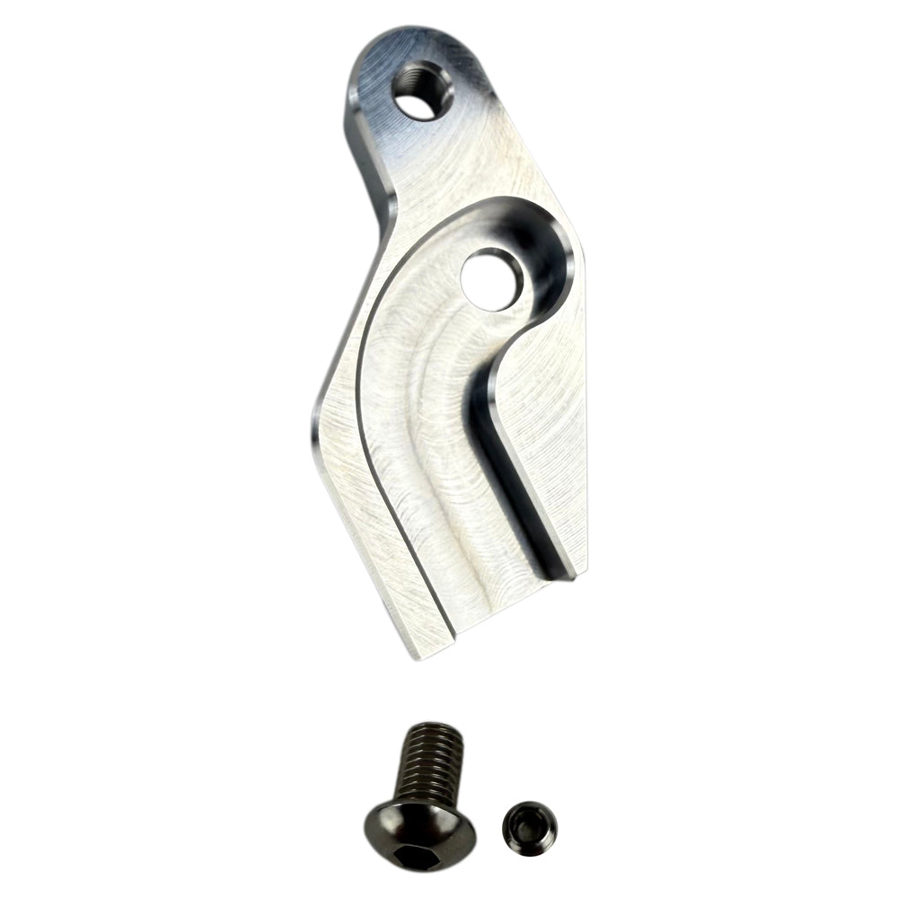 Two metal brackets, one silver and one black, each with a matching screw and bolt, displayed on a white background. Text reads "TC Bros. Pro Series Easy Shift Lever Extension for Harley-Davidson Big Twin—Milwaukee-Eight.