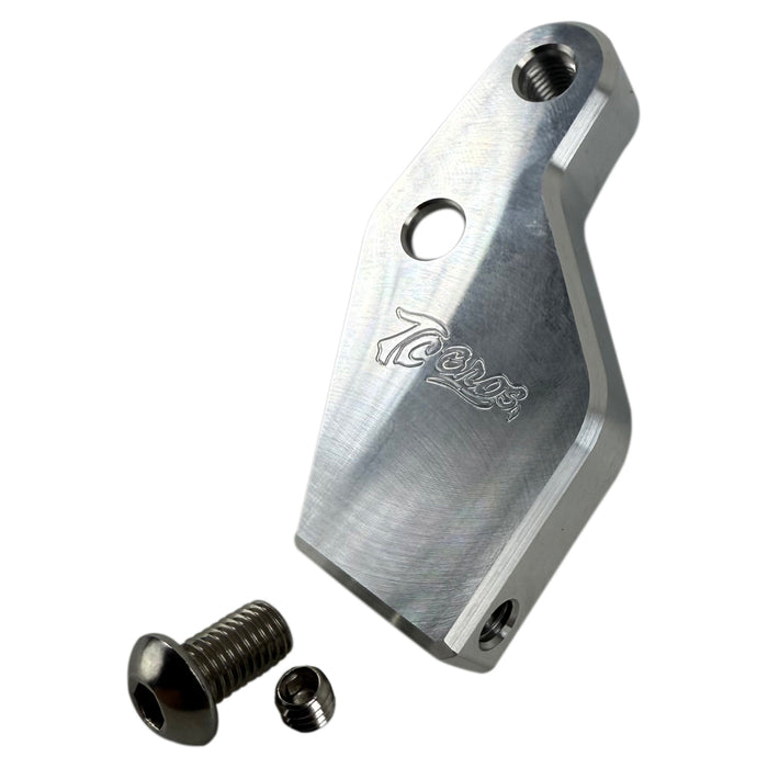 Two metal brackets, one silver and one black, each with a matching screw and bolt, displayed on a white background. Text reads "TC Bros. Pro Series Easy Shift Lever Extension for Harley-Davidson Big Twin—Milwaukee-Eight.