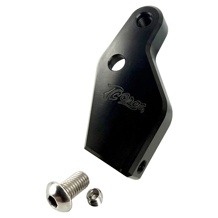 Two metal brackets, one silver and one black, each with a matching screw and bolt, displayed on a white background. Text reads "TC Bros. Pro Series Easy Shift Lever Extension for Harley-Davidson Big Twin—Milwaukee-Eight.