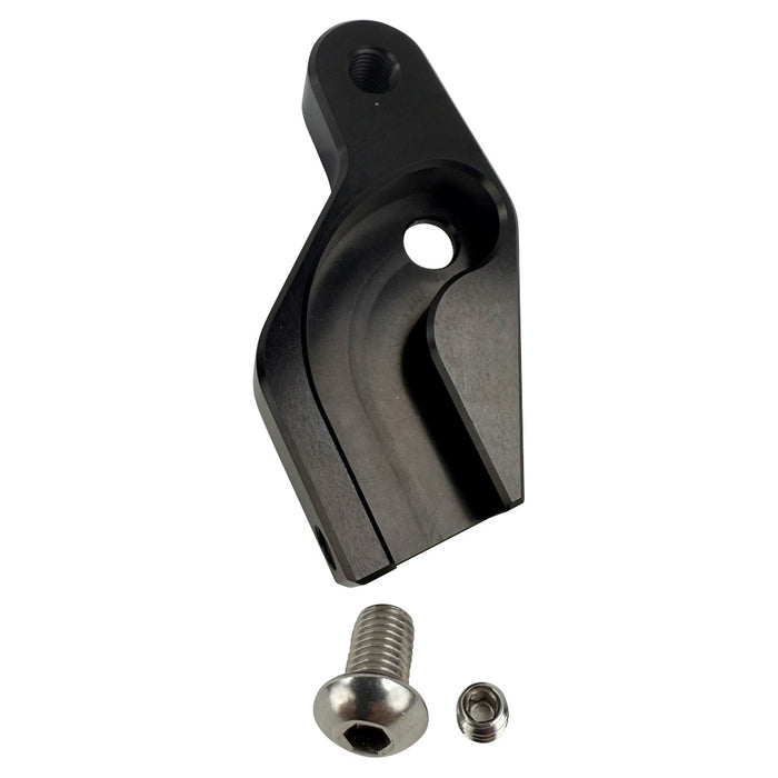 Two metal brackets, one silver and one black, each with a matching screw and bolt, displayed on a white background. Text reads "TC Bros. Pro Series Easy Shift Lever Extension for Harley-Davidson Big Twin—Milwaukee-Eight.