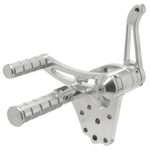 Four Mid-USA billet aluminum rearset foot peg assemblies, including a silver and black Complete Forward Controls Kit for 1936-1999 Harley-Davidson Big Twin, are shown against a white background.