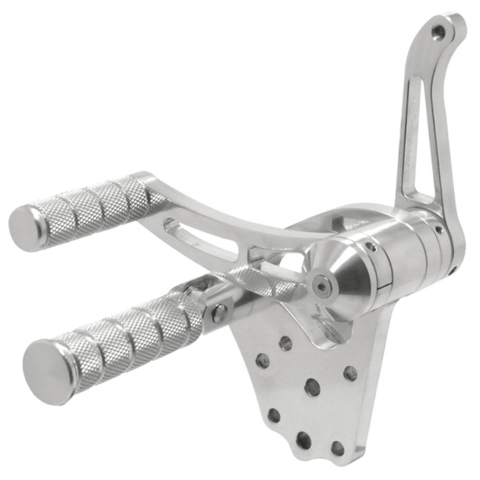 Four Mid-USA billet aluminum rearset foot peg assemblies, including a silver and black Complete Forward Controls Kit for 1936-1999 Harley-Davidson Big Twin, are shown against a white background.