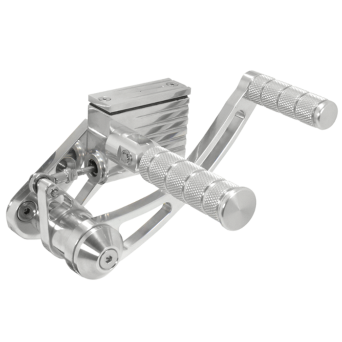 Four Mid-USA billet aluminum rearset foot peg assemblies, including a silver and black Complete Forward Controls Kit for 1936-1999 Harley-Davidson Big Twin, are shown against a white background.