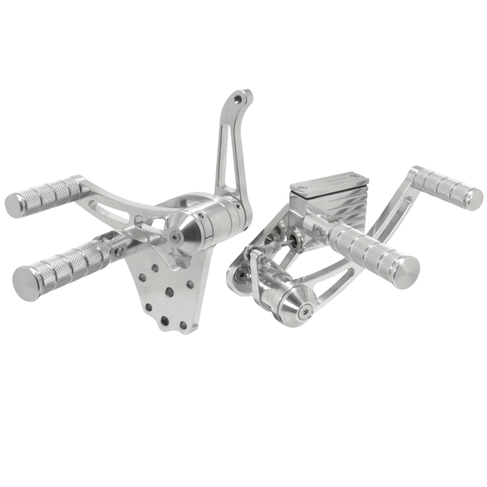 Four Mid-USA billet aluminum rearset foot peg assemblies, including a silver and black Complete Forward Controls Kit for 1936-1999 Harley-Davidson Big Twin, are shown against a white background.
