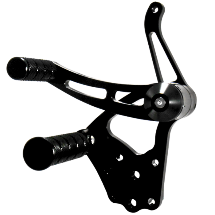 Four Mid-USA billet aluminum rearset foot peg assemblies, including a silver and black Complete Forward Controls Kit for 1936-1999 Harley-Davidson Big Twin, are shown against a white background.