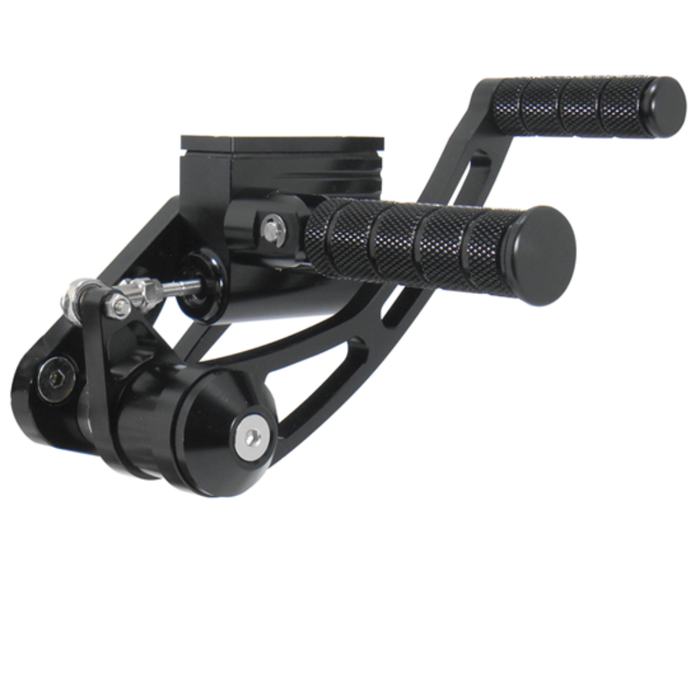 Four Mid-USA billet aluminum rearset foot peg assemblies, including a silver and black Complete Forward Controls Kit for 1936-1999 Harley-Davidson Big Twin, are shown against a white background.