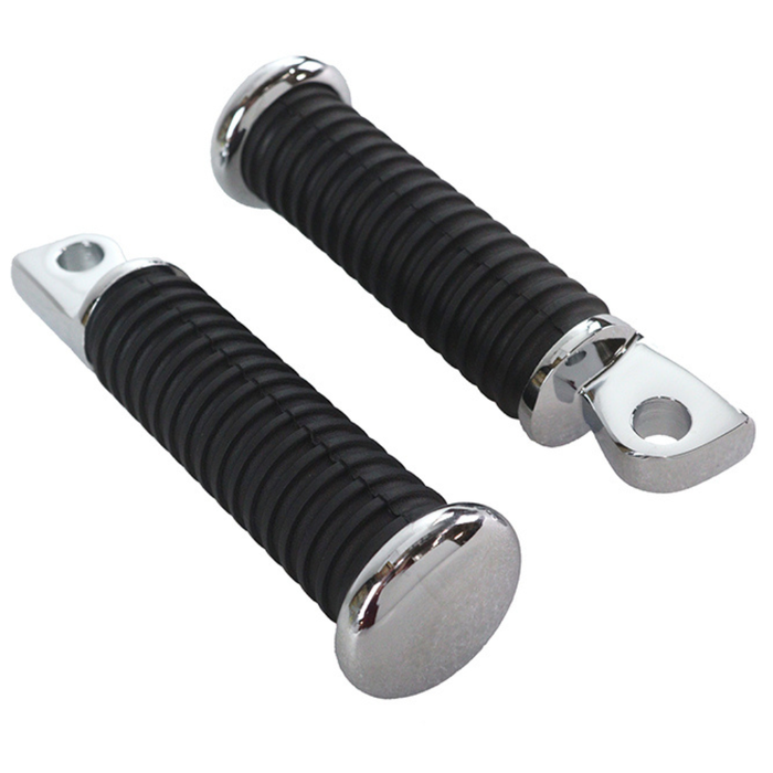 The Wyatt Gatling Replica Passenger Footpeg Set for Harley-Davidson 1977-Up, featuring two black and silver metal footpegs with ribbed rubber grips and mounting holes, is shown on a white background.