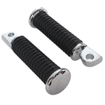 The Wyatt Gatling Replica Passenger Footpeg Set for Harley-Davidson 1977-Up, featuring two black and silver metal footpegs with ribbed rubber grips and mounting holes, is shown on a white background.