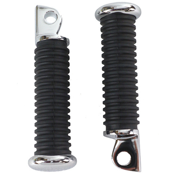 The Wyatt Gatling Replica Passenger Footpeg Set for Harley-Davidson 1977-Up, featuring two black and silver metal footpegs with ribbed rubber grips and mounting holes, is shown on a white background.