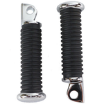 The Wyatt Gatling Replica Passenger Footpeg Set for Harley-Davidson 1977-Up, featuring two black and silver metal footpegs with ribbed rubber grips and mounting holes, is shown on a white background.