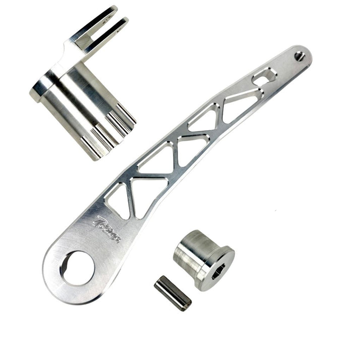 The TC Bros. Pro Series Truss Brake Pedal Arm for 2014-Up Harley-Davidson Touring is shown here in disassembled form, including the black metal pedal arm, matching mounting bracket, and a single screw—all displayed against a white background. Perfect for customizing your Touring/Bagger motorcycle or upgrading your Harley-Davidson with this adjustable brake lever setup from TC Bros.