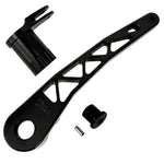 The TC Bros. Pro Series Truss Brake Pedal Arm for 2014-Up Harley-Davidson Touring is shown here in disassembled form, including the black metal pedal arm, matching mounting bracket, and a single screw—all displayed against a white background. Perfect for customizing your Touring/Bagger motorcycle or upgrading your Harley-Davidson with this adjustable brake lever setup from TC Bros.
