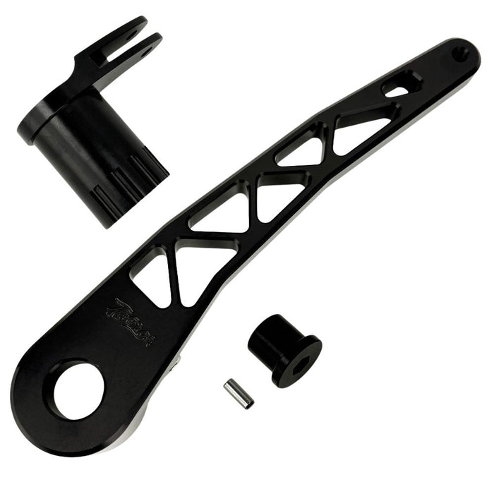 The TC Bros. Pro Series Truss Brake Pedal Arm for 2014-Up Harley-Davidson Touring is shown here in disassembled form, including the black metal pedal arm, matching mounting bracket, and a single screw—all displayed against a white background. Perfect for customizing your Touring/Bagger motorcycle or upgrading your Harley-Davidson with this adjustable brake lever setup from TC Bros.