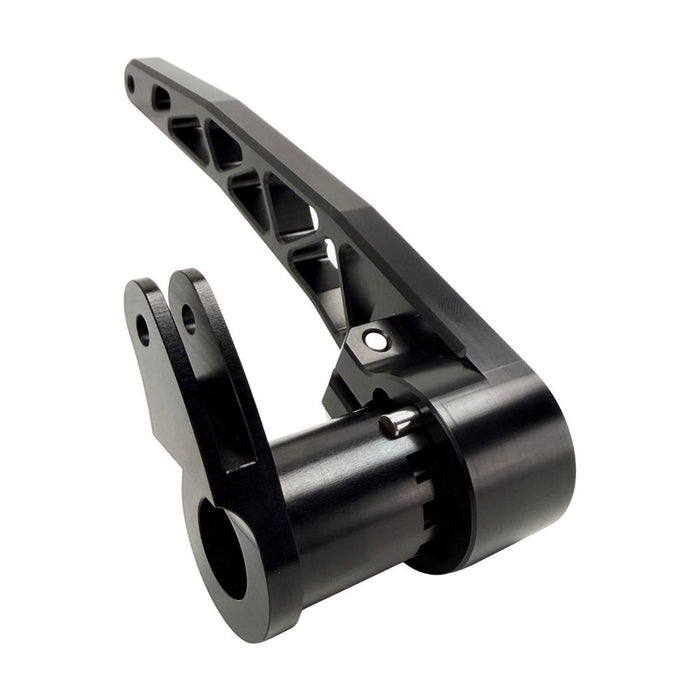 The TC Bros. Pro Series Truss Brake Pedal Arm for 2014-Up Harley-Davidson Touring is shown here in disassembled form, including the black metal pedal arm, matching mounting bracket, and a single screw—all displayed against a white background. Perfect for customizing your Touring/Bagger motorcycle or upgrading your Harley-Davidson with this adjustable brake lever setup from TC Bros.