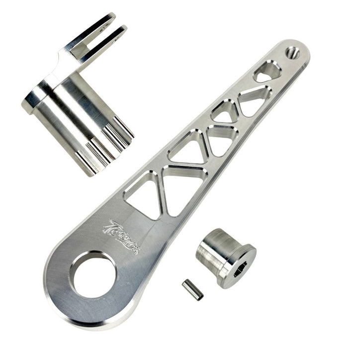 The TC Bros. Pro Series Truss Brake Pedal Arm for 2014-Up Harley-Davidson Touring is shown here in disassembled form, including the black metal pedal arm, matching mounting bracket, and a single screw—all displayed against a white background. Perfect for customizing your Touring/Bagger motorcycle or upgrading your Harley-Davidson with this adjustable brake lever setup from TC Bros.