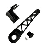 The TC Bros. Pro Series Truss Brake Pedal Arm for 2014-Up Harley-Davidson Touring is shown here in disassembled form, including the black metal pedal arm, matching mounting bracket, and a single screw—all displayed against a white background. Perfect for customizing your Touring/Bagger motorcycle or upgrading your Harley-Davidson with this adjustable brake lever setup from TC Bros.