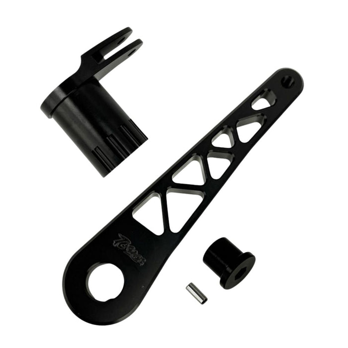 The TC Bros. Pro Series Truss Brake Pedal Arm for 2014-Up Harley-Davidson Touring is shown here in disassembled form, including the black metal pedal arm, matching mounting bracket, and a single screw—all displayed against a white background. Perfect for customizing your Touring/Bagger motorcycle or upgrading your Harley-Davidson with this adjustable brake lever setup from TC Bros.