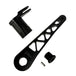 The TC Bros. Pro Series Truss Brake Pedal Arm for 2014-Up Harley-Davidson Touring is shown here in disassembled form, including the black metal pedal arm, matching mounting bracket, and a single screw—all displayed against a white background. Perfect for customizing your Touring/Bagger motorcycle or upgrading your Harley-Davidson with this adjustable brake lever setup from TC Bros.