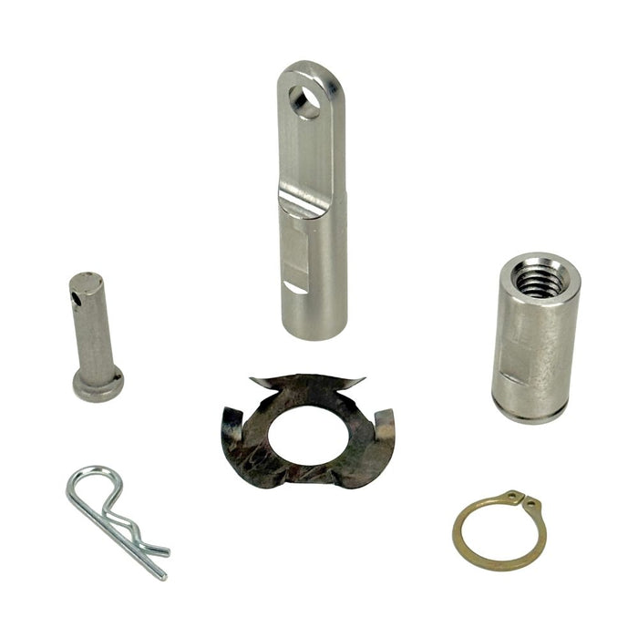 Close-up of a metal hinge mechanism with a black housing, featuring a visible screw and rod connection—ideal for use with the TC Bros. OEM-Style Brake Pedal Conversion Kit for TC Bros. Dyna Mid Controls by TC Bros.