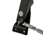 Close-up of a metal hinge mechanism with a black housing, featuring a visible screw and rod connection—ideal for use with the TC Bros. OEM-Style Brake Pedal Conversion Kit for TC Bros. Dyna Mid Controls by TC Bros.