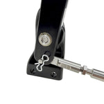Close-up of a metal hinge mechanism with a black housing, featuring a visible screw and rod connection—ideal for use with the TC Bros. OEM-Style Brake Pedal Conversion Kit for TC Bros. Dyna Mid Controls by TC Bros.