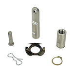 Close-up of a metal hinge mechanism with a black housing, featuring a visible screw and rod connection—ideal for use with the TC Bros. OEM-Style Brake Pedal Conversion Kit for TC Bros. Dyna Mid Controls by TC Bros.