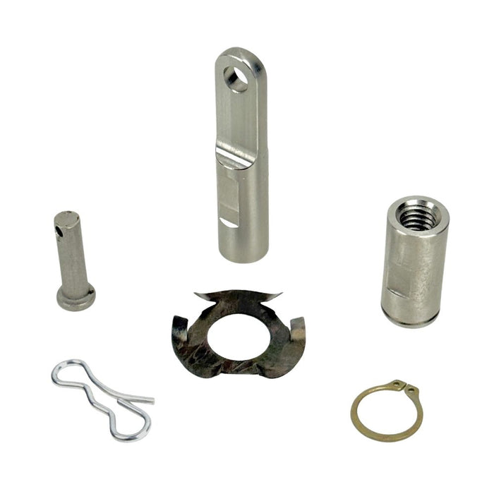 Close-up of a metal hinge mechanism with a black housing, featuring a visible screw and rod connection—ideal for use with the TC Bros. OEM-Style Brake Pedal Conversion Kit for TC Bros. Dyna Mid Controls by TC Bros.