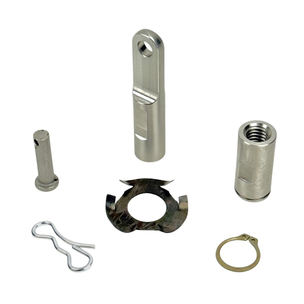 Close-up of a metal hinge mechanism with a black housing, featuring a visible screw and rod connection—ideal for use with the TC Bros. OEM-Style Brake Pedal Conversion Kit for TC Bros. Dyna Mid Controls by TC Bros.